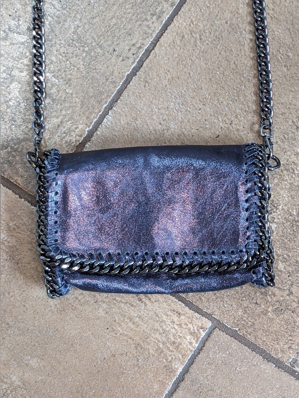 Vera Pelle Leather Chain Strap Glamorous Crossbody/Clutch Bag Chic Blue Purple